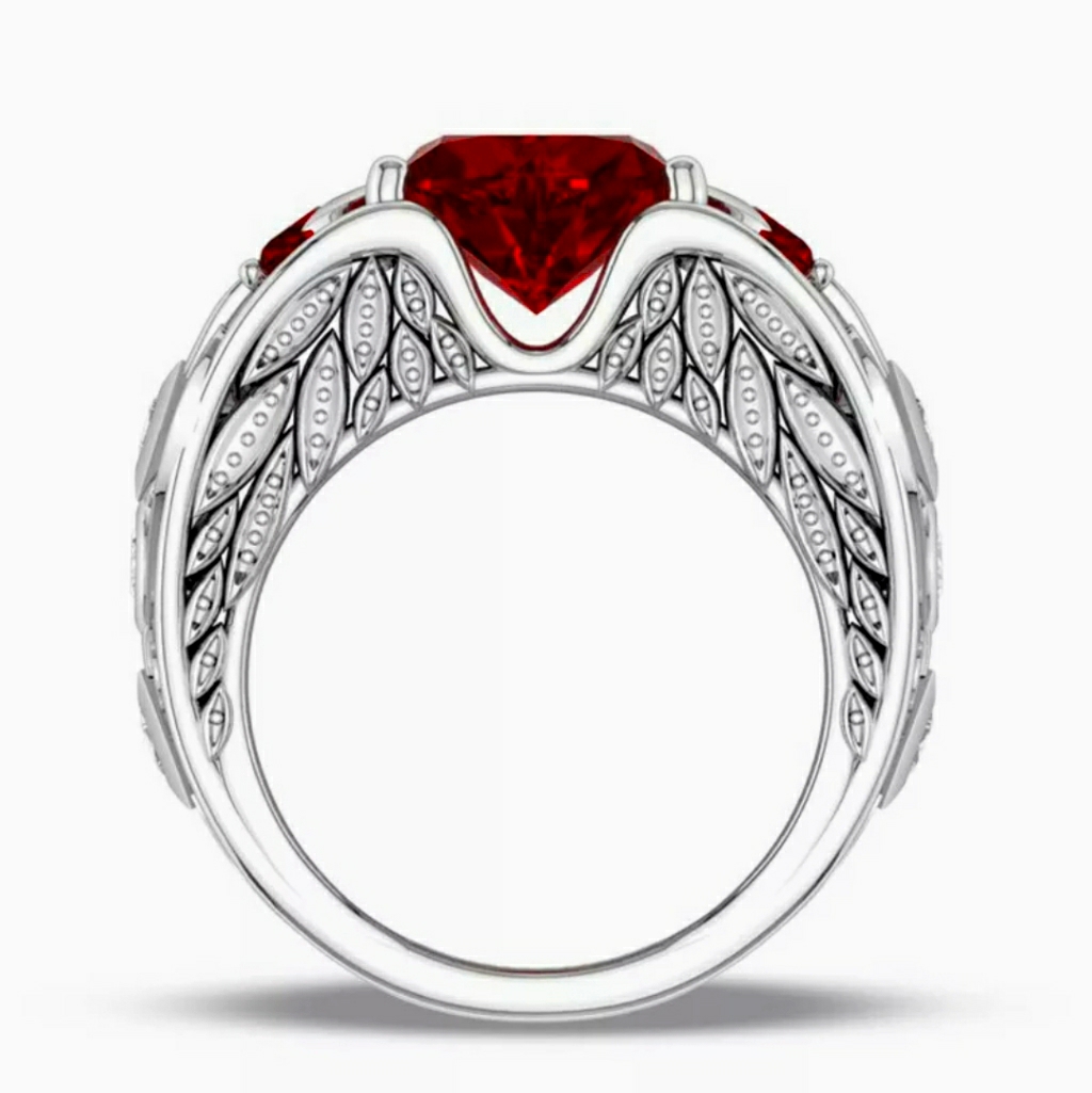 New Heart Shaped Angel Wings Ruby Silver Ring.